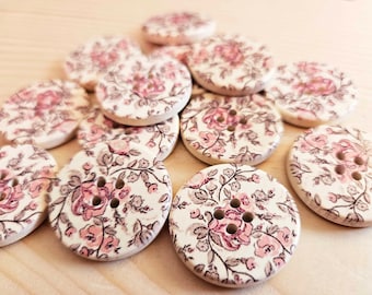 PINK PASTEL BEGONIA / 30mm / Set of 6 buttons / Wooden Buttons / Sewing Buttons