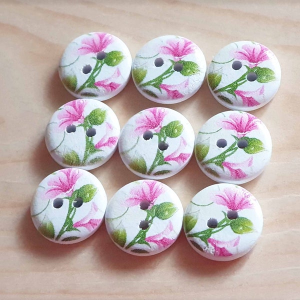 PASTEL PINK FLORAL  / 15mm / Wooden Buttons / Sewing Buttons