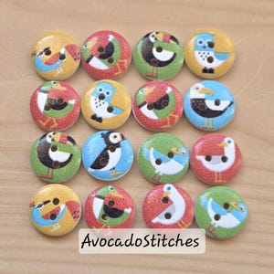 May include: Sixteen round wooden buttons with bird illustrations in various colours. The buttons have two holes for sewing. The birds are depicted in yellow, red, blue, and green. The text "AvocadoStitches" is at the bottom of the image.