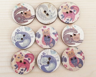 CAT ART / 20-25mm / Wooden Buttons / Sewing Buttons