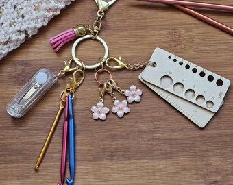 PINK FLORAL Essential Emergency Knitting & Crochet Keychain Kit / Knitting Notion Kit
