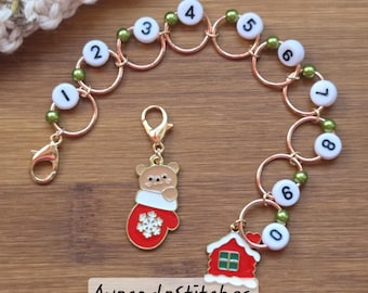 Clearance // HOLIDAY BEAR Progress Keeper Chain / Numbered Stitch Markers Chain / Row Counter Chain / Knitting Stitch Markers / Notions