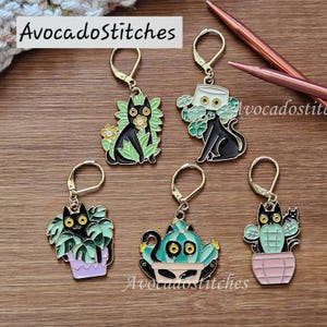 BLACK KITTENS & FLOWER Pots - 5 pieces / Knitting Crochet Stitch Markers / Notions (Set B)