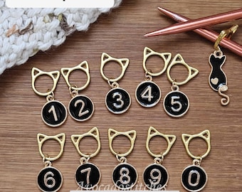 Clearance // CAT & NUMBERS / 11pcs / Numbered Stitch Markers / Row Counter Markers / Crochet Knitting Stitch Markers / Notions