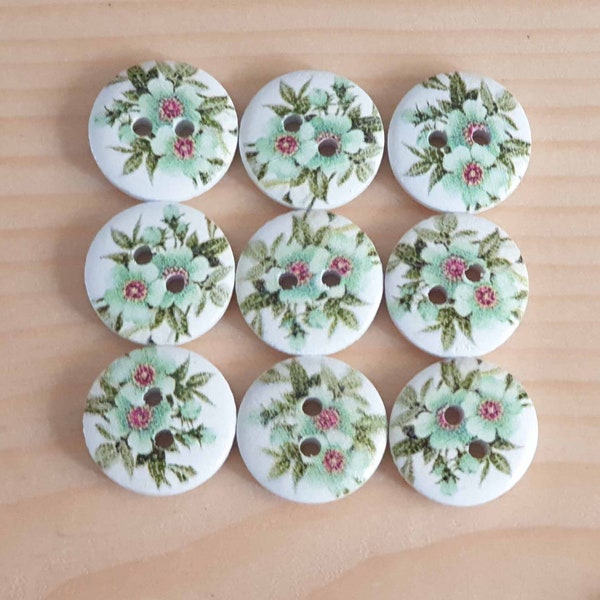 TURQUOISE DAISIES / 15mm / Wooden Buttons / Sewing Buttons