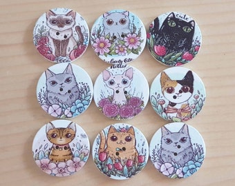 20mm, 25mm - 6 or 12 buttons / Retro CAT & FLOWERS Wooden Buttons / Pet wood buttons /Decorative Buttons / Sewing / Scrapbooking