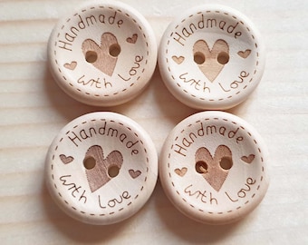 HANDMADE with Love Dash Heart/ 15-25mm / Set of 10 buttons / Unvarnished Wooden Buttons / Sewing Buttons