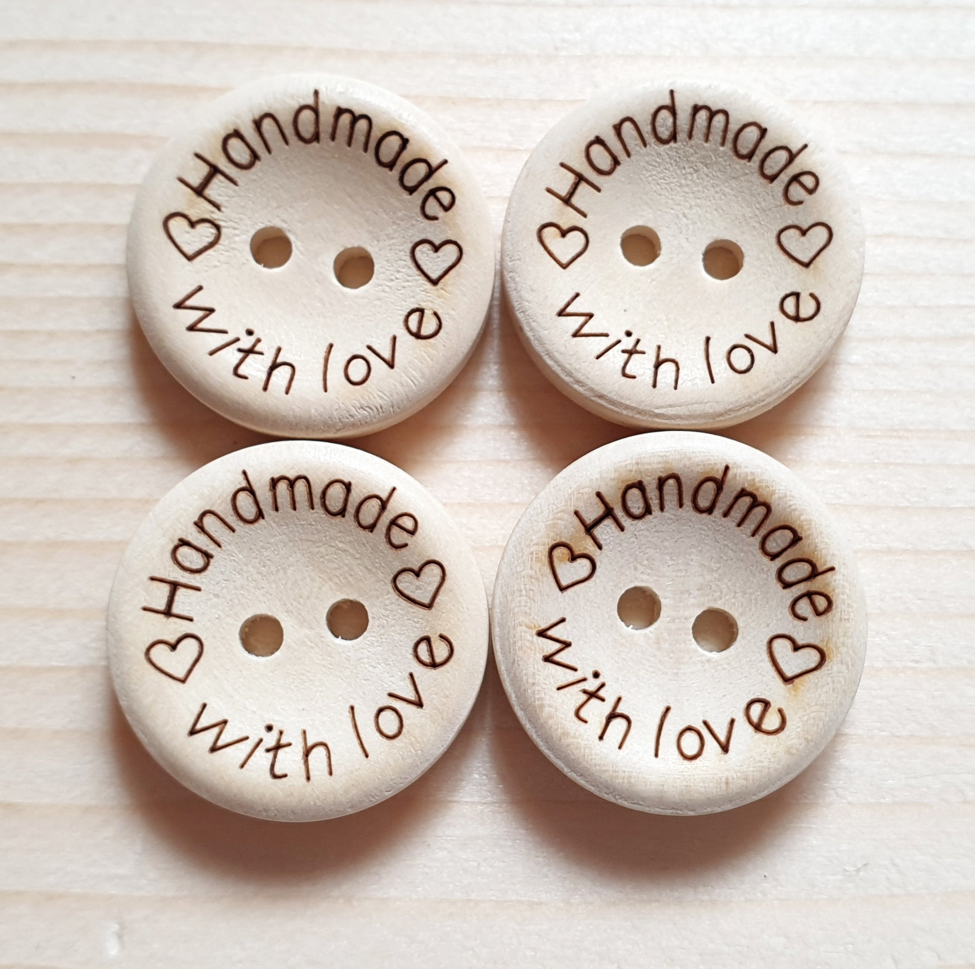 10/20/50 Wooden Buttons Handmade With Love Natural 2 holes 3 sizes  15/20/25mm