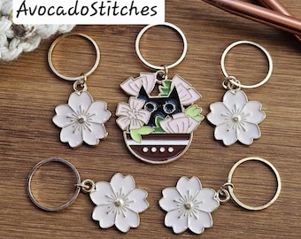 BLACK CAT & Cherry Blossom - 5 pieces / Knitting Crochet Stitch Markers / Notions