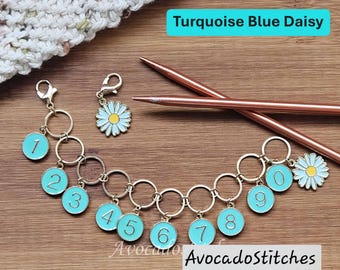 TURQUOISE DAISY Progress Keeper Chain / Numbered Stitch Markers Chain / Row Counter Chain / Knitting Stitch Markers / Notions