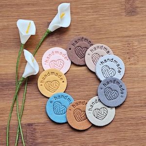 YARN HEART Handmade Labels / Set of 5 / Round Faux Suede Labels / Handmade Tags / Garment Labels