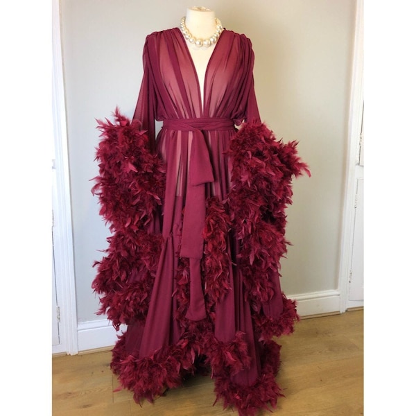 Chiffon Dressing Gown with Chandelle Feather Trim in Wine