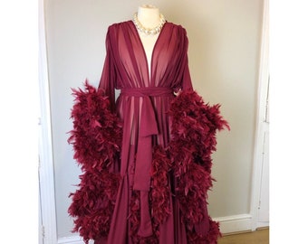 Chiffon Dressing Gown with Chandelle Feather Trim in Wine
