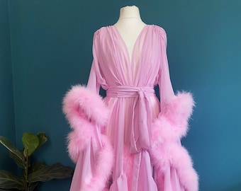 Chiffon Dressing Gown with Marabou Trim in Baby Pink