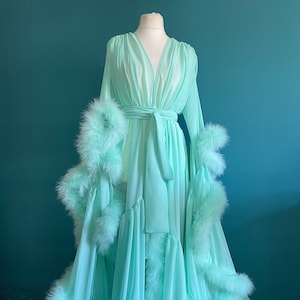 Chiffon Dressing Gown with Marabou Trim in Mint Green