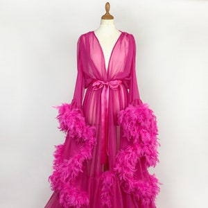 Chiffon Dressing Gown With Chandelle Feather Trim in Hot Pink