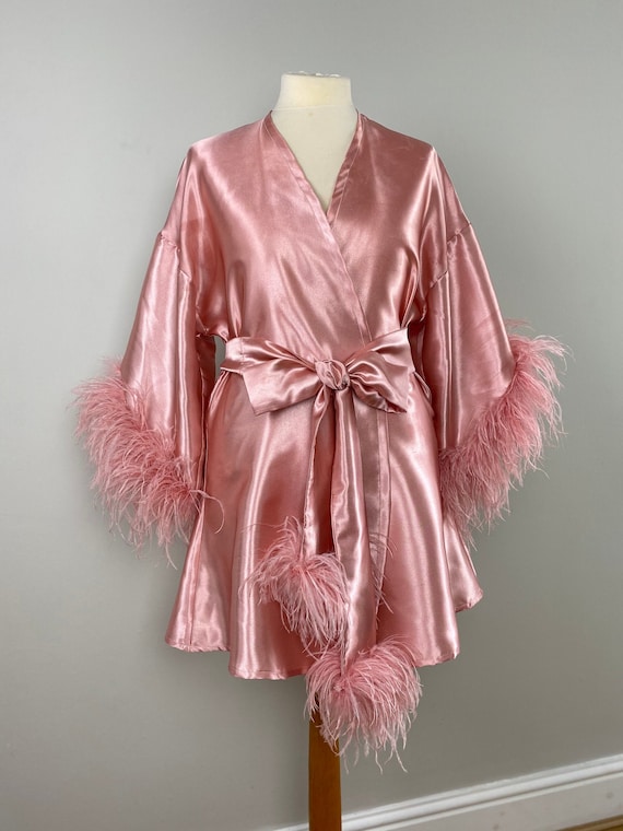 SAMPLE SALE Short Satin Robe With Ostrich Feather Trim in Peach Pink 