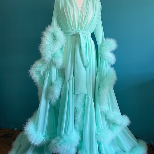 Chiffon Dressing Gown with Marabou Trim in Mint Green Chiffon Dressing Gown with Marabou Trim in Mint Green