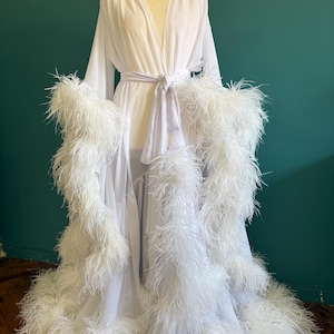 Chiffon Dressing Gown with Ostrich Feather Trim in White