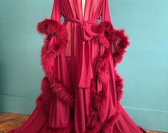 Chiffon Dressing Gown with Marabou Trim in Wine