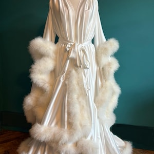Silk/Poly Satin Dressing Gown with Marabou Feather Trim in Ivory