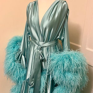 Silk Satin Dressing Gown With Ostrich Feather Trim in Lagoon Breeze - Etsy
