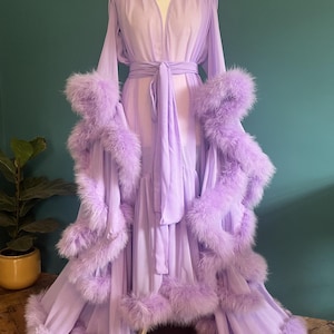 Chiffon Dressing Gown with Marabou Trim in Lilac