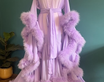 Chiffon Dressing Gown with Marabou Trim in Lilac