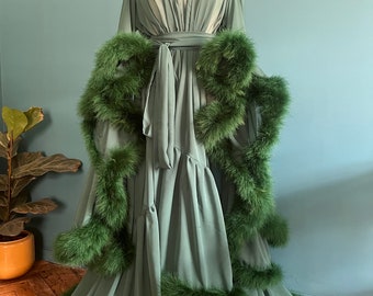 Chiffon Dressing Gown with Marabou Trim in Forest Green