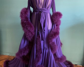 Chiffon Dressing Gown with Marabou Trim in Aubergine