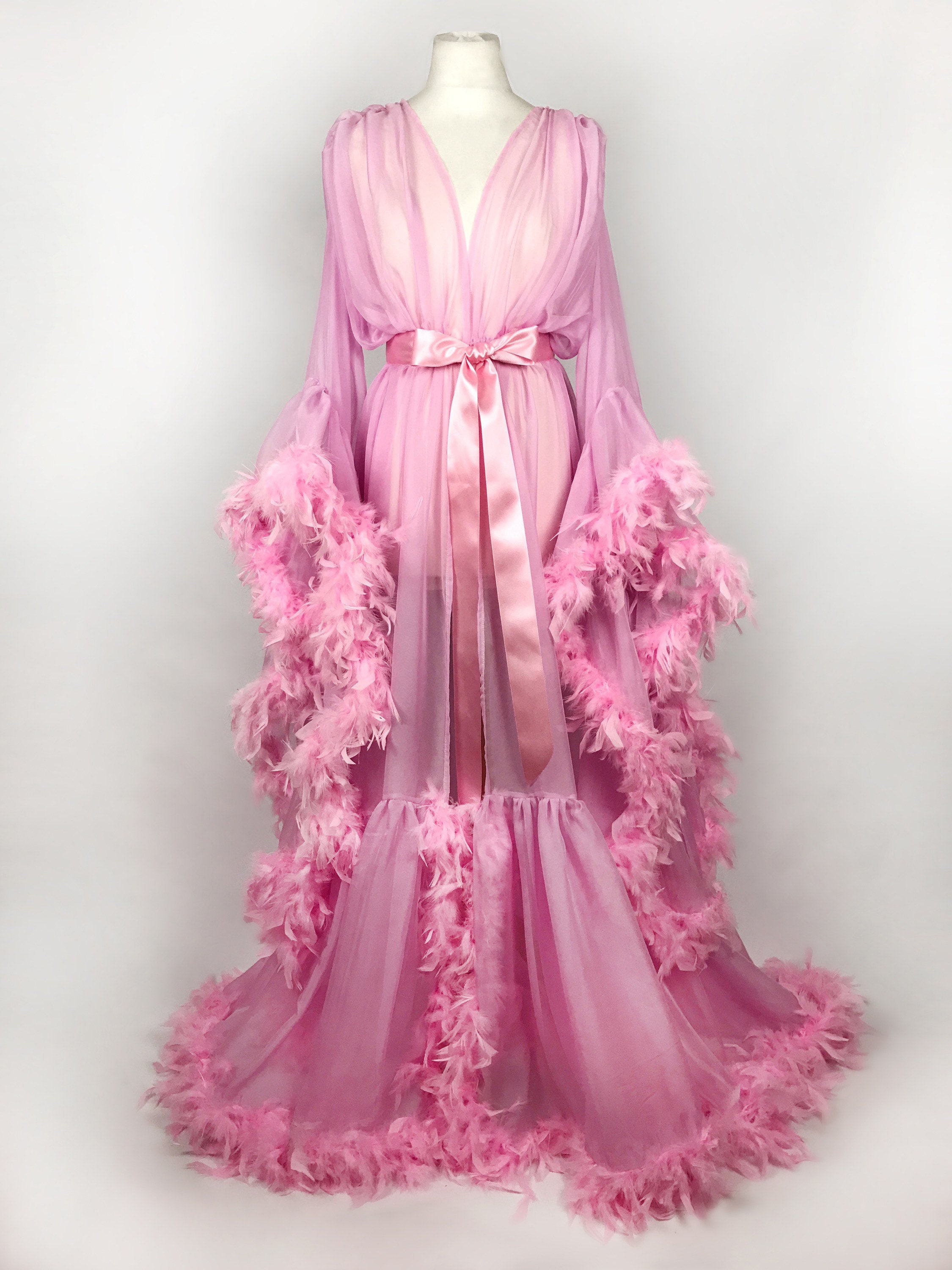 Details about Candy Pink Sheer Marabou Robe Sleepwear Lingerie S/M
