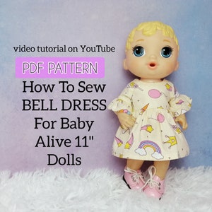 Patrón de costura para vestido con mangas acampanadas para muñeca Baby Alive de 11&quot;