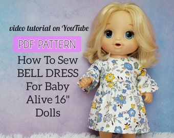 Patron de robe cloche n° 01 à coudre pour poupées Baby Alive 16 pouces