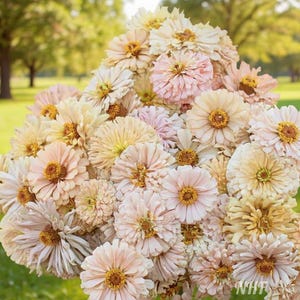 May include: A large bouquet of pastel-colored zinnias. The flowers have soft pink, peach, and cream petals with yellow centers. The arrangement is dense and full, with a blurred green background of grass and trees.