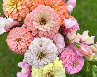 May include: A bouquet of colorful zinnias and snapdragons in shades of peach, pink, and yellow. The flowers are arranged with green stems and leaves, with the initials "NHF" visible.