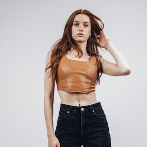 Kat Leather Corset Top, Leather Corset, Faux Leather Top, Leather Crop Top, Brown Leather Top
