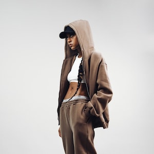 Unisex Coffee Sweatpants, Two piece set, Zip up hoodie, Streetwear, Brown hoodie, Brown sweatpants, loungewear, fleece hoodie image 2