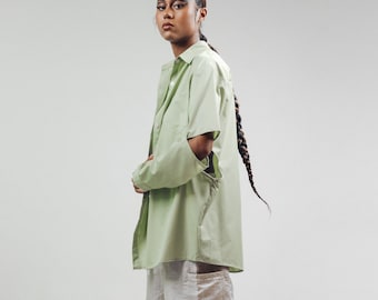 Artcare Green Signature Cut Out Oversized Shirt, Oversized Button-Down Shirt, Casual Long Sleeve Button Down Shirt, Boyfriend Shirt