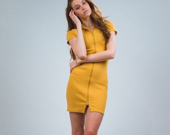 Inventory Liquidation Maria Rib Yellow Mini Dress, Yellow Dress, Summer Dress, Tennis Dress, Zip Front Dress, Mini Dress, Cotton Dress