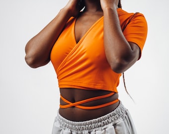 Wrap top, Strap Crop Top, Tie Waist Crop Top, Wrap Around Top, Black Crop Top, Orange Crop Top, String tshirt,  String tshirt top,Streetwear