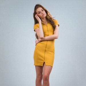 Inventory Liquidation Maria Rib Yellow Mini Dress, Yellow Dress, Summer Dress, Tennis Dress, Zip Front Dress, Mini Dress, Cotton Dress Yellow