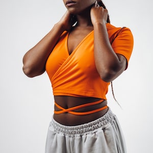 Wrap top, Strap Crop Top, Tie Waist Crop Top, Wrap Around Top, Black Crop Top, Orange Crop Top, String tshirt, String tshirt top,Streetwear Orange