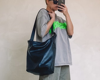 Schwarze Echtleder Handtasche, Große Echtleder Einkaufstasche, Große Shopper, Slouchy Handtasche Schultertasche Oversized Ledertasche Handtasche