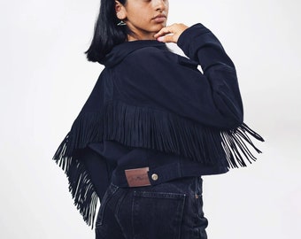 Modern Black Fringe Denim Jacket | Boho Fringe Jean Jacket