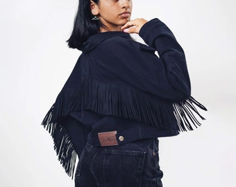 Modern Fringe Black Denim Jacket Jean Jacket With Fringed Back  Fringe Denim Jacket Boho Jacket with Fringe