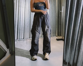 Oversized Cotton Denim Cargo Pants: Wide Leg Streetwear