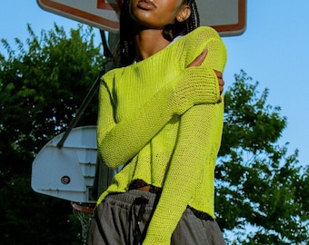 Handmade Neon Edge Knit  100% Cotton Long Sleeve Shirt  Thumb Holes Knit Sweater Open Knit Sweater Streetwear Neon Green Knitted Top