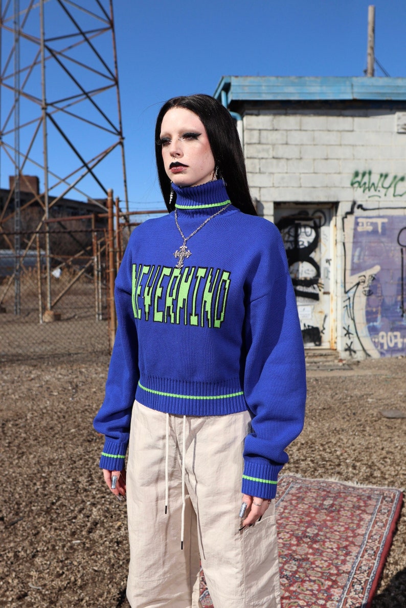 Nevermind 100% Cotton Graphic Sweater, Blue Sweater, Streetwear, Cropped Sweater, Unisex Sweater, Knit Sweater image 1