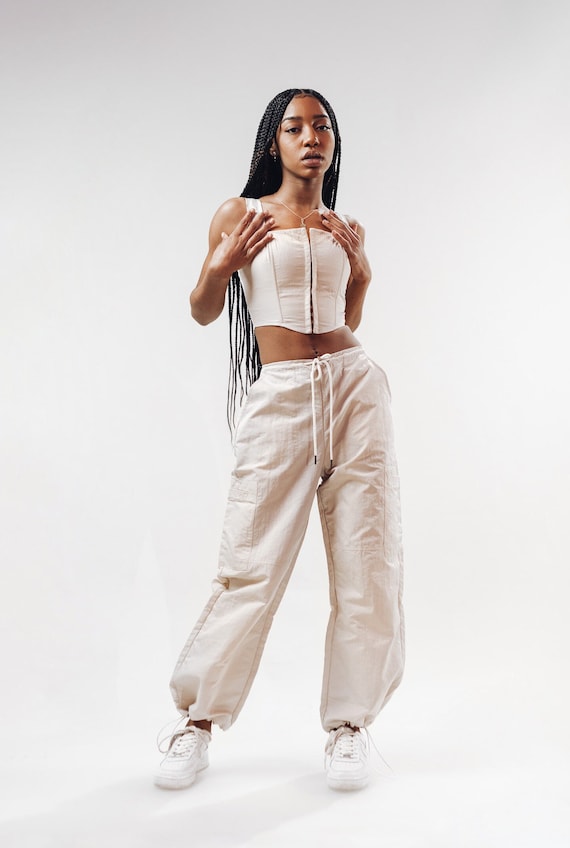 Cream Windbreaker Parachute Pants: Low Rise Y2K Cargo