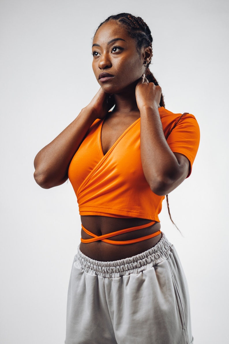 Wrap top, Strap Crop Top, Tie Waist Crop Top, Wrap Around Top, Black Crop Top, Orange Crop Top, String tshirt, String tshirt top,Streetwear Orange